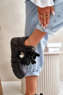 CheBello Buty Sportowe Na Platformie*Sneakersy Skórzane Damskie Na Platformie Czarne 4568