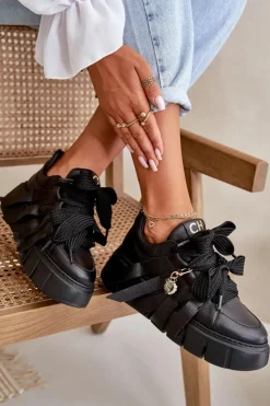 CheBello Buty Sportowe Na Platformie*Sneakersy Skórzane Damskie Na Platformie Czarne 4568