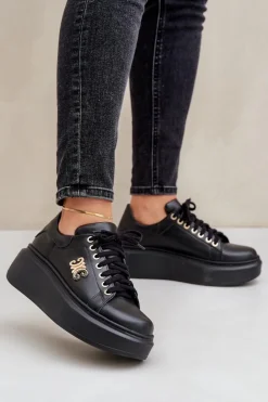 Damskie Zazoo Sneakersy Ze Skóry Naturalnej Na Platformie Złota Ozdoba Lewski 3428 Czarne