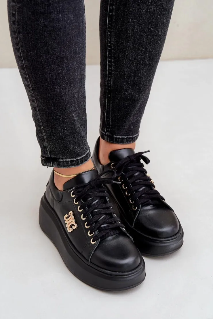 Damskie Zazoo Sneakersy Ze Skóry Naturalnej Na Platformie Złota Ozdoba Lewski 3428 Czarne