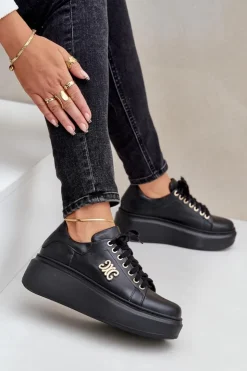 Damskie Zazoo Sneakersy Ze Skóry Naturalnej Na Platformie Złota Ozdoba Lewski 3428 Czarne