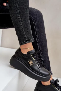 Damskie Zazoo Sneakersy Ze Skóry Naturalnej Na Platformie Złota Ozdoba Lewski 3428 Czarne