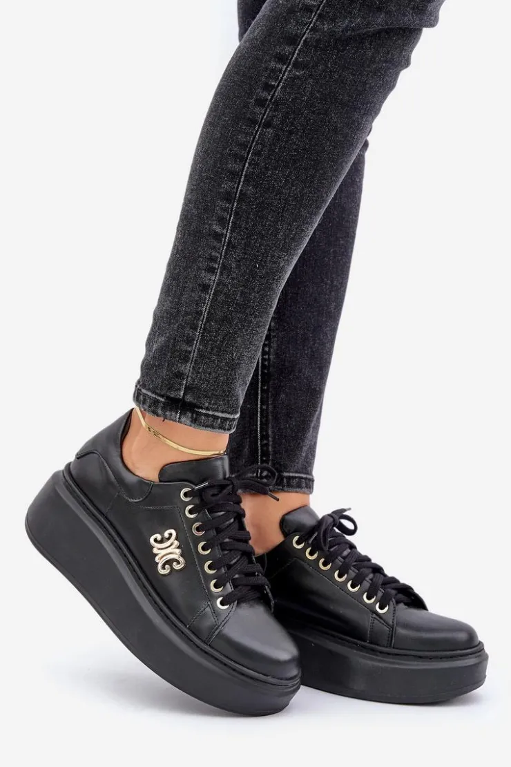 Damskie Zazoo Sneakersy Ze Skóry Naturalnej Na Platformie Złota Ozdoba Lewski 3428 Czarne