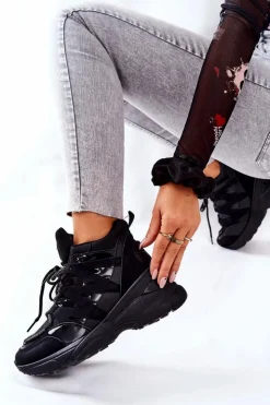 Boto Sneakersy Damskie*Sportowe Buty Na Koturnie Czarne Hesane