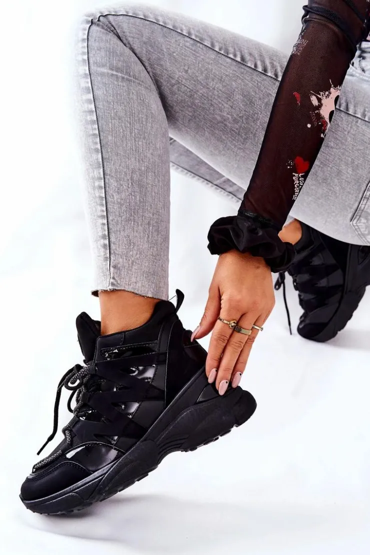 Boto Sneakersy Damskie*Sportowe Buty Na Koturnie Czarne Hesane