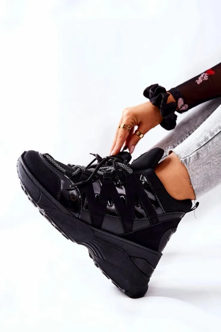 Boto Sneakersy Damskie*Sportowe Buty Na Koturnie Czarne Hesane