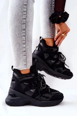 Boto Sneakersy Damskie*Sportowe Buty Na Koturnie Czarne Hesane