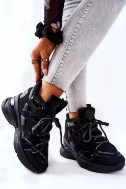 Boto Sneakersy Damskie*Sportowe Buty Na Koturnie Czarne Hesane
