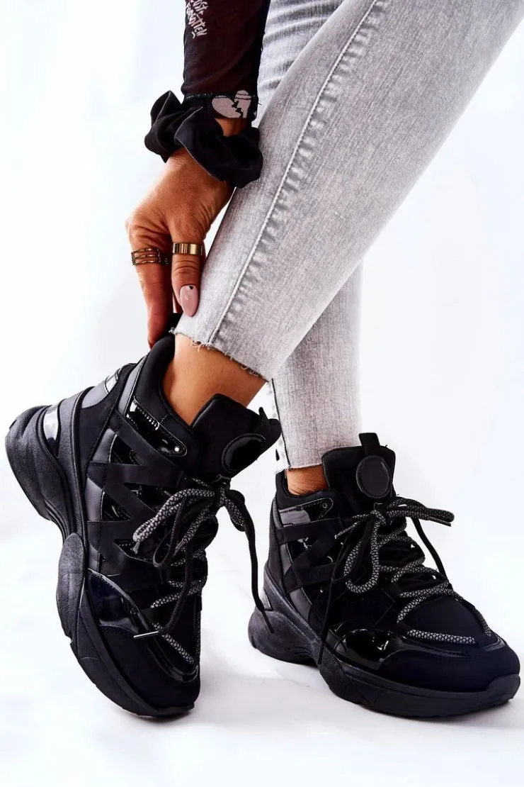 Boto Sneakersy Damskie*Sportowe Buty Na Koturnie Czarne Hesane