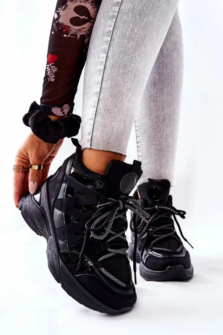 Boto Sneakersy Damskie*Sportowe Buty Na Koturnie Czarne Hesane