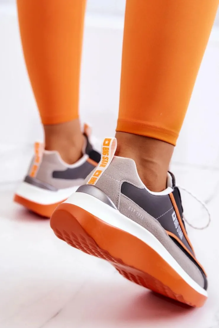 Damskie Big Star Shoes Sportowe Buty Sneakersy Big Star JJ274996 Szaro-Pomarańczowe
