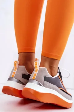 Damskie Big Star Shoes Sportowe Buty Sneakersy Big Star JJ274996 Szaro-Pomarańczowe