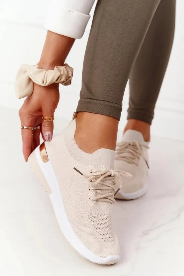 Boto Sneakersy Damskie*Sportowe Buty Sneakersy Na Koturnie Beżowe Adeyla