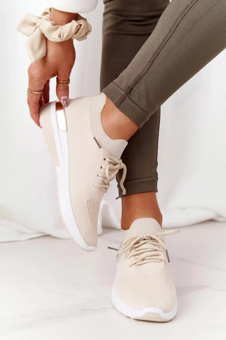 Boto Sneakersy Damskie*Sportowe Buty Sneakersy Na Koturnie Beżowe Adeyla