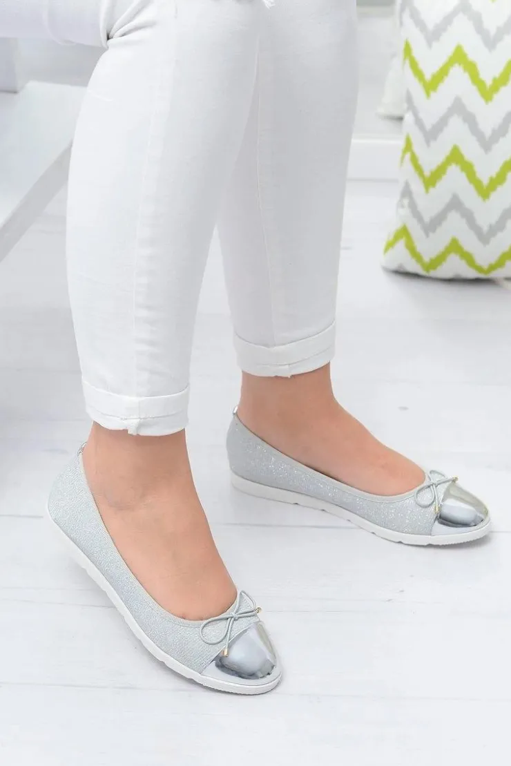 Boto Baleriny Klasyczne*Srebrne Brokatowe Balerinki Slip On Laya