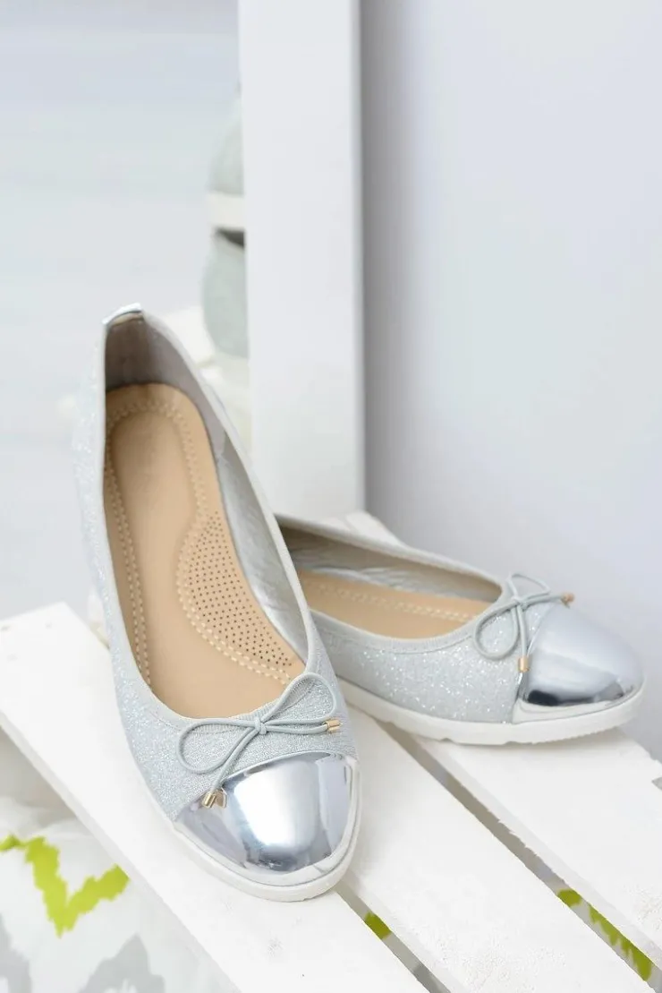 Boto Baleriny Klasyczne*Srebrne Brokatowe Balerinki Slip On Laya