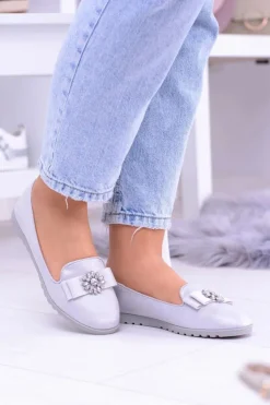 Damskie Boto Srebrne Damskie Baleriny Lordsy Cyrkonie Rumi