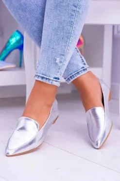 Boto Mokasyny Damskie Skórzane*Srebrne Lustrzane Mokasyny Damskie Lu Boo Mireldo