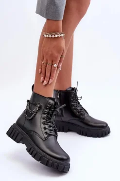 Damskie Boto Stylowe Botki Workery Na Platformie Czarne Amro