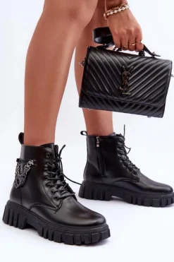 Damskie Boto Stylowe Botki Workery Na Platformie Czarne Amro