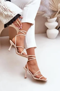 Damskie Boto Stylowe Sandały Na Szpilce Z Paskami Beżowe Saredi