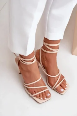 Damskie Boto Stylowe Sandały Na Szpilce Z Paskami Beżowe Saredi