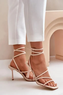 Damskie Boto Stylowe Sandały Na Szpilce Z Paskami Beżowe Saredi