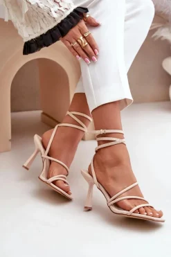 Damskie Boto Stylowe Sandały Na Szpilce Z Paskami Beżowe Saredi