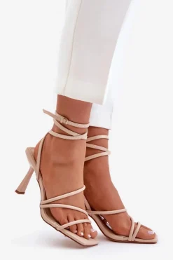 Damskie Boto Stylowe Sandały Na Szpilce Z Paskami Beżowe Saredi