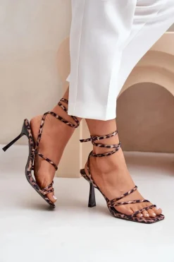 Damskie Boto Stylowe Sandały Na Szpilce Z Paskami Panterka Brązowe Saredi