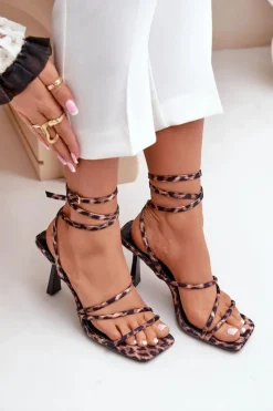 Damskie Boto Stylowe Sandały Na Szpilce Z Paskami Panterka Brązowe Saredi