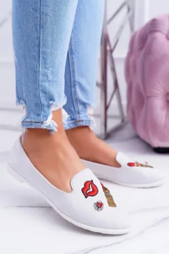 Boto Baleriny Klasyczne*Szare Damskie Baleriny Naszywki Lipstick