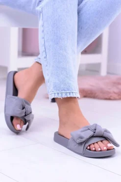 Boto Klapki Damskie Klasyczne*Szare Damskie Zamszowe Klapki z Kokardą Merbolo