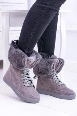 Discount Boto Szare Zamszowe Botki LU BOO Timberki z Futrem