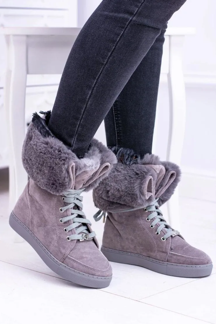 Discount Boto Szare Zamszowe Botki LU BOO Timberki z Futrem