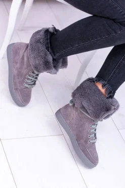 Discount Boto Szare Zamszowe Botki LU BOO Timberki z Futrem