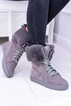 Discount Boto Szare Zamszowe Botki LU BOO Timberki z Futrem