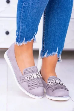 Discount Boto Szare Zamszowe Mokasyny z Kryształami Vivaro