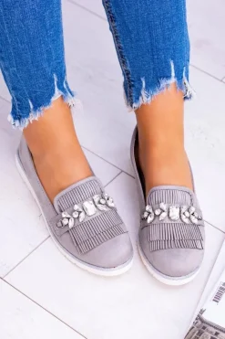 Discount Boto Szare Zamszowe Mokasyny z Kryształami Vivaro