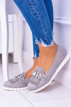 Discount Boto Szare Zamszowe Mokasyny z Kryształami Vivaro