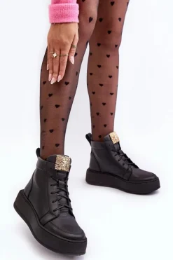 Damskie Boto Sznurowane Botki Damskie Z Ozdobą Skórzane Czarne Nicole 2833