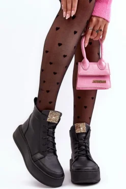 Damskie Boto Sznurowane Botki Damskie Z Ozdobą Skórzane Czarne Nicole 2833