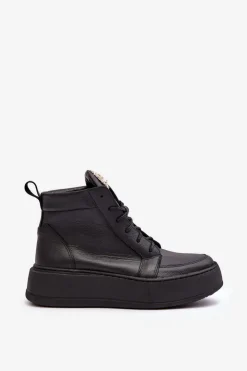 Damskie Boto Sznurowane Botki Damskie Z Ozdobą Skórzane Czarne Nicole 2833