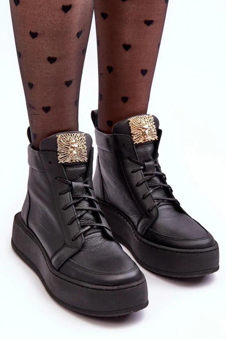 Damskie Boto Sznurowane Botki Damskie Z Ozdobą Skórzane Czarne Nicole 2833