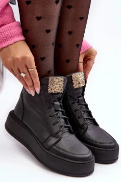 Damskie Boto Sznurowane Botki Damskie Z Ozdobą Skórzane Czarne Nicole 2833