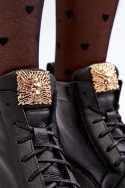 Damskie Boto Sznurowane Botki Damskie Z Ozdobą Skórzane Czarne Nicole 2833