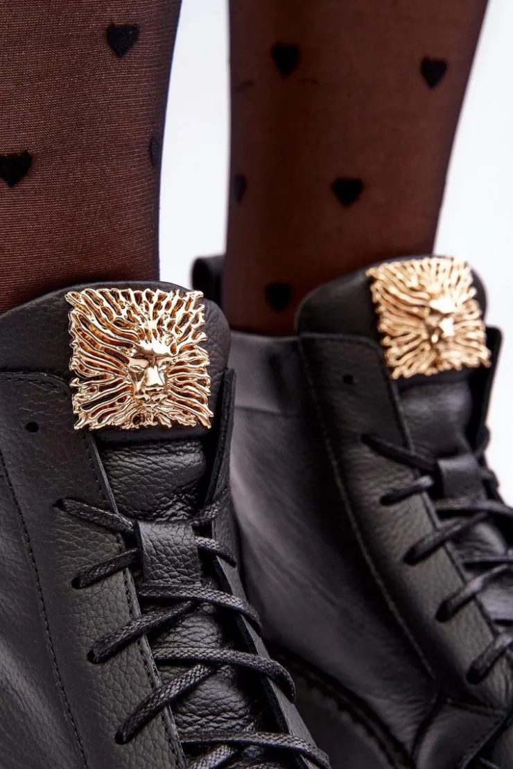 Damskie Boto Sznurowane Botki Damskie Z Ozdobą Skórzane Czarne Nicole 2833