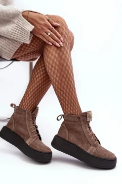 Damskie Boto Sznurowane Botki Damskie Z Ozdobą Skórzane Ciemnobeżowe Nicole 2833