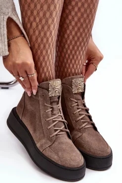 Damskie Boto Sznurowane Botki Damskie Z Ozdobą Skórzane Ciemnobeżowe Nicole 2833