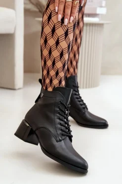 Damskie Buty damskie Vinceza Sznurowane Botki Damskie Na Obcasie Ze Skóry Naturalnej Ocieplane Czarne Vinceza 91110